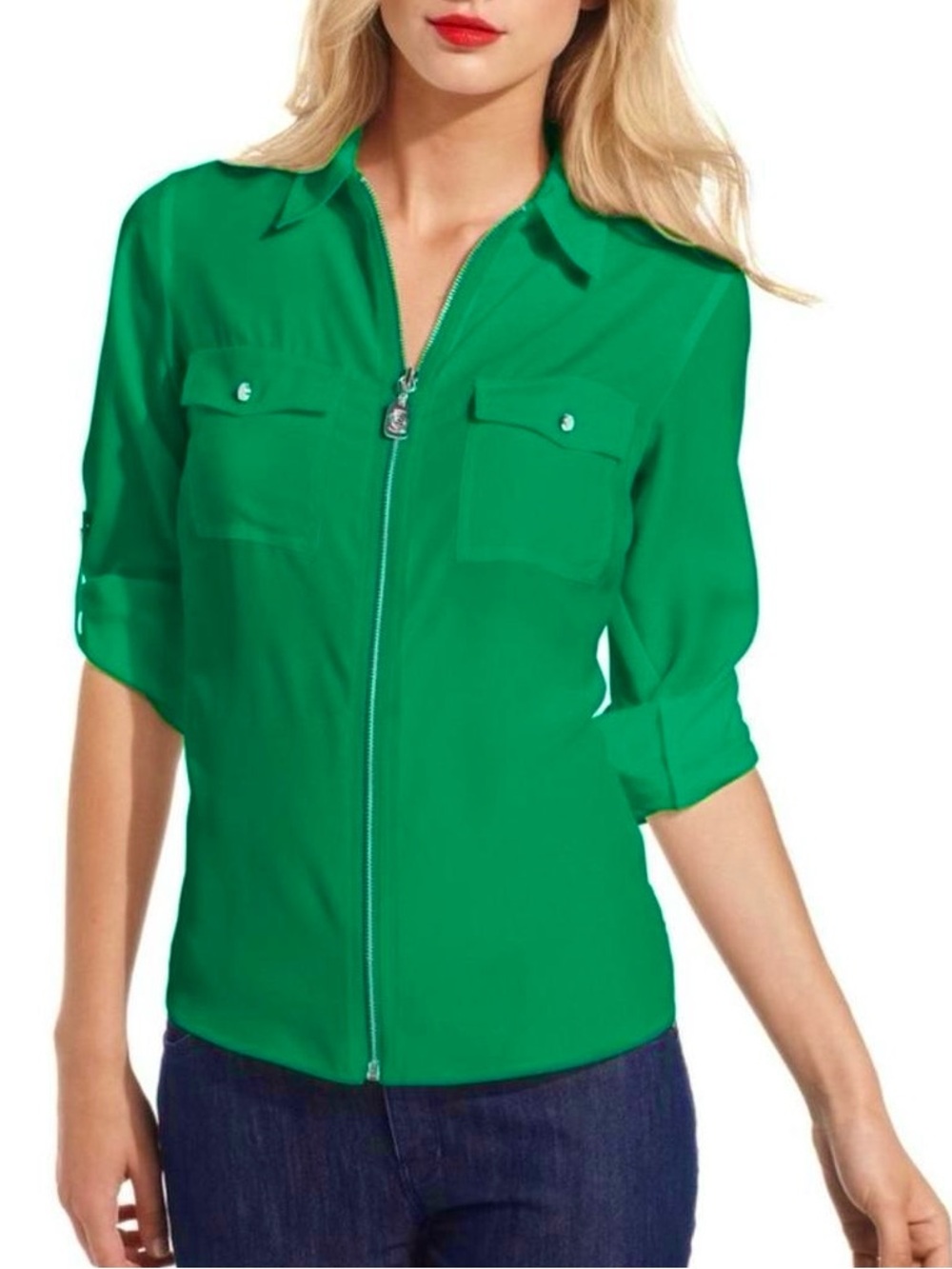 Michael Kors Medium Emerald Green Zip Front Roll Tab Sleeve Utility Blouse Shirt